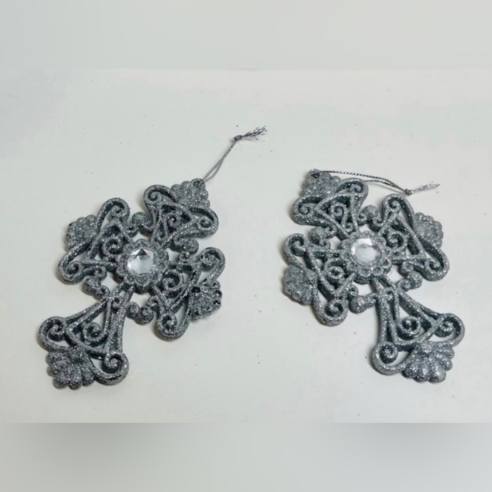 VINTAGE SILVER BLING CREST CHANDELIER CHRISTMAS TREE ORNAMENTS (PAIR)